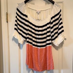 LuLaRoe Black & White Striped Tunic with Coral Panel